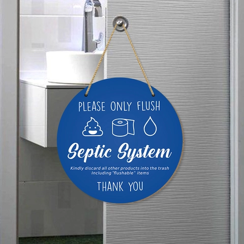 Round Wooden Septic System Sign Please Only Flush Bathroom Wall Decor Hanging Toilet Instruction Plaque With Rope