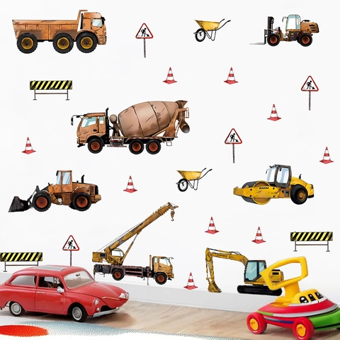Stickers Muraux Véhicules de Chantier Dessin Animé Pelleteuse Grue Décoration Chambre Garçon Maternelle PVC Art Mural