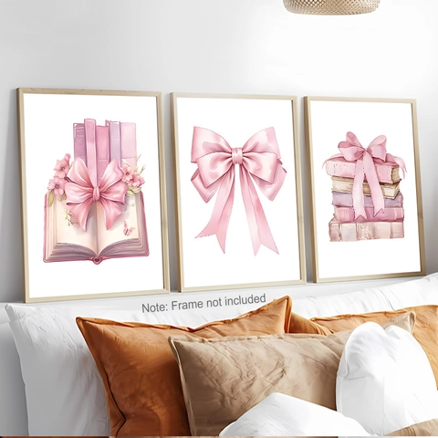 Triple Pink Bowknot Canvas Wall Art Romantic Books Flowers Prints For Bedroom Decor French Girly Aesthetic Oil Canvas Painting Set Poster Wall Decoration