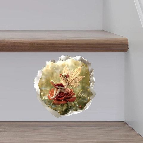 3D Fee Liest Buch Wandtattoo PVC Selbstklebend Loch In Der Wand Effekt Rote Rose Blume Fee Wandaufkleber Für Kinderzimmer
