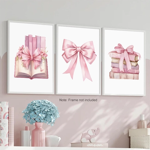 Triple Pink Bowknot Canvas Wall Art Romantic Books Flowers Prints For Bedroom Decor French Girly Aesthetic Oil Canvas Painting Set Poster Wall Decoration