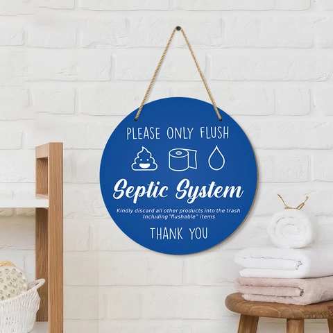 Round Wooden Septic System Sign Please Only Flush Bathroom Wall Decor Hanging Toilet Instruction Plaque With Rope