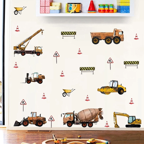 Stickers Muraux Véhicules de Chantier Dessin Animé Pelleteuse Grue Décoration Chambre Garçon Maternelle PVC Art Mural