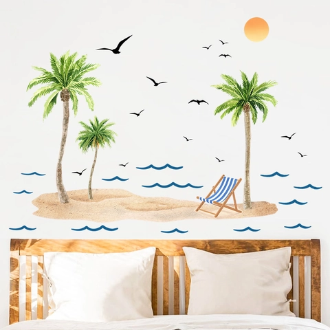 Tropical Beach Palm Tree Wall Stickers PVC Summer Coconut Tree Sun Sea Wave Removable Wall Decals For Living Room Home Decor