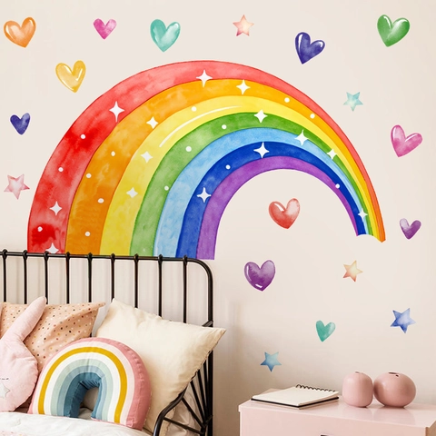 Watercolor Rainbow Heart Wall Stickers For Nursery Room Bohemian Removable PVC Classroom Wall Decorations Bedroom Decals