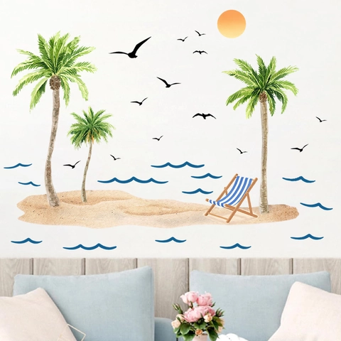 Tropical Beach Palm Tree Wall Stickers PVC Summer Coconut Tree Sun Sea Wave Removable Wall Decals For Living Room Home Decor