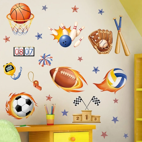 Stickers Muraux Thème Sport pour Chambre d'Enfant PVC Basketball Football Baseball Décoration Murale Chambre