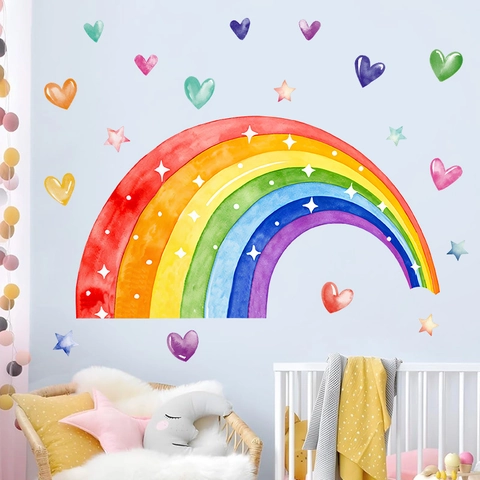 Watercolor Rainbow Heart Wall Stickers For Nursery Room Bohemian Removable PVC Classroom Wall Decorations Bedroom Decals