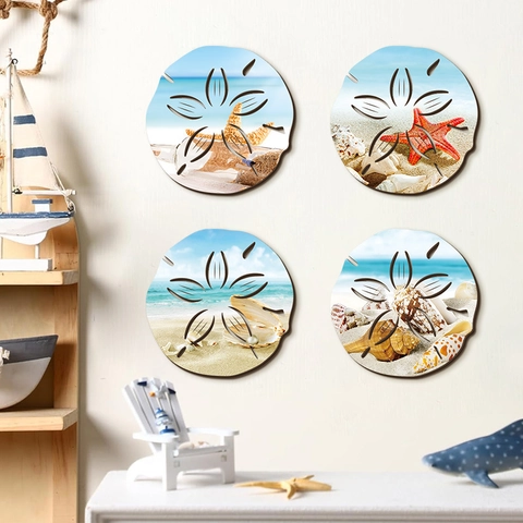 Sommer Mediterran Ozean Stil Rund Holz Wanddeko Seestern Muschel Strand Hohl Kunst Haus Wandbehang Deko Ornamente