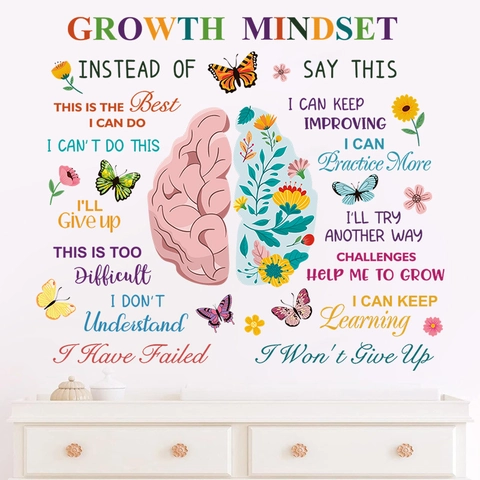 Growth Mindset Wall Decal Brain Flower Butterfly Pattern Motivational Quotes Educational PVC Poster For Classroom Kids Room