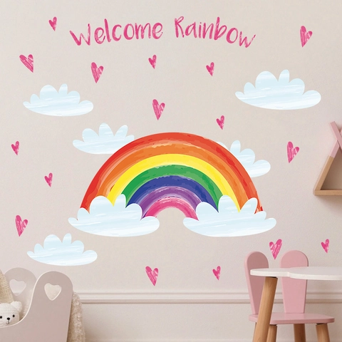 Bohemian Watercolor Rainbow Wall Stickers Large Colorful Rainbow Clouds Hearts Welcome Nursery Kids Room Decor Wall Decals