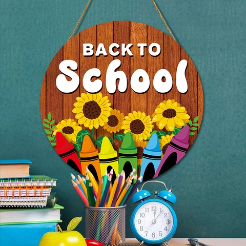Back To School Welcome Sign Round Wooden Door Hanger Sunflower Colored Pencil Wall Decor For School Kindergarten Classroom