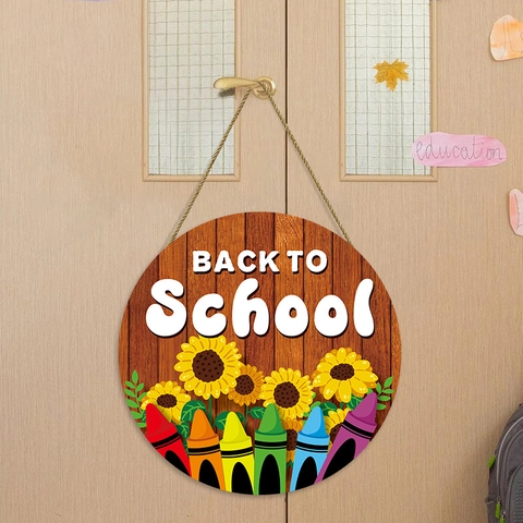 Back To School Welcome Sign Round Wooden Door Hanger Sunflower Colored Pencil Wall Decor For School Kindergarten Classroom