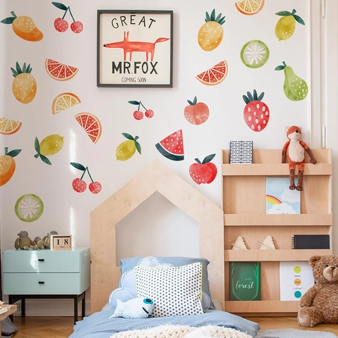 Wabi Sabi Stijl Waterdichte PVC Muursticker Set Fruit Patroon Aquarell Handgeschilderde Fruit Decals Voor Keuken Eetkamer Huis Decoratie
