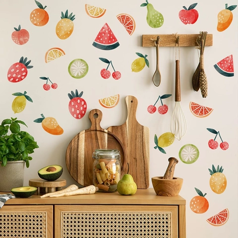Wabi Sabi Stijl Waterdichte PVC Muursticker Set Fruit Patroon Aquarell Handgeschilderde Fruit Decals Voor Keuken Eetkamer Huis Decoratie