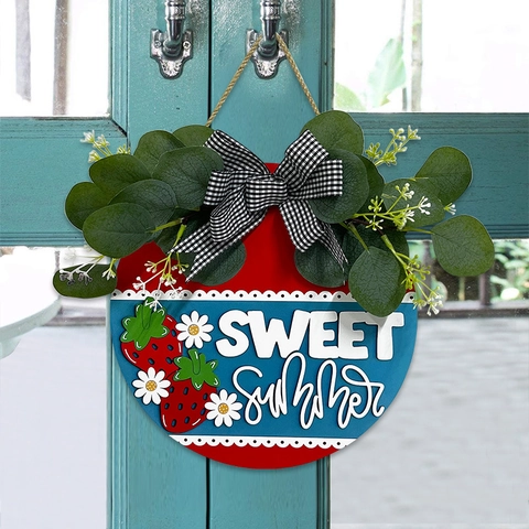 Targa di Benvenuto Estiva Rotonda in Legno con Fiocco Verde Artificiale Fragola Fiore Decorazione da Appendere per Portico