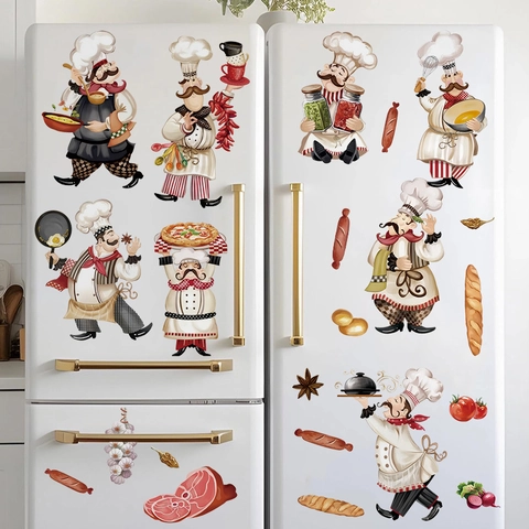 Cartoon Chef Kitchen Wall Sticker Waterproof PVC Bread Pizza Food Decal For Dining Room Restaurant Fridge Home Decor