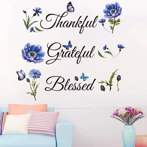 Modernes PVC Wandtattoo Blaue Blume Schmetterling Motivierend Thankful Grateful Blessed Zitat Aufkleber Für Wohnzimmer Deko