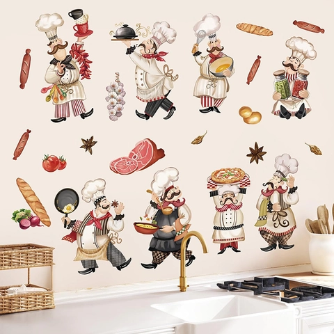 Cartoon Chef Kitchen Wall Sticker Waterproof PVC Bread Pizza Food Decal For Dining Room Restaurant Fridge Home Decor