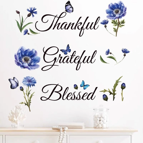 Modernes PVC Wandtattoo Blaue Blume Schmetterling Motivierend Thankful Grateful Blessed Zitat Aufkleber Für Wohnzimmer Deko