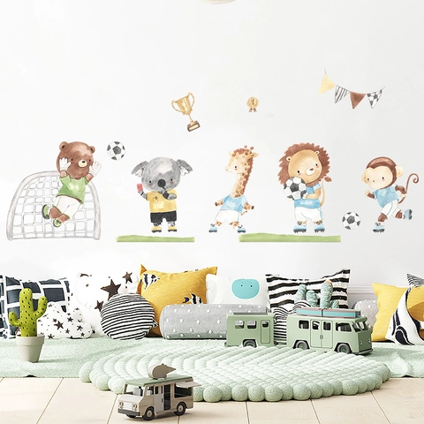 Acuarela Dibujos Animados Fútbol Animales Adhesivos de Pared PVC Autoadhesivos Decoración Infantil León Mono Tema Fútbol Vinilos Infantiles