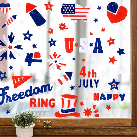 Adesivi Statici per Finestre Giorno Indipendenza USA Bandiera Stelle Rossi Bianchi Blu Decorazione per Casa Vetro Frigorifero