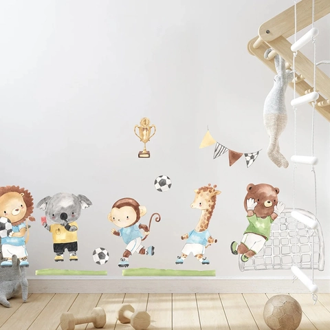 Acuarela Dibujos Animados Fútbol Animales Adhesivos de Pared PVC Autoadhesivos Decoración Infantil León Mono Tema Fútbol Vinilos Infantiles