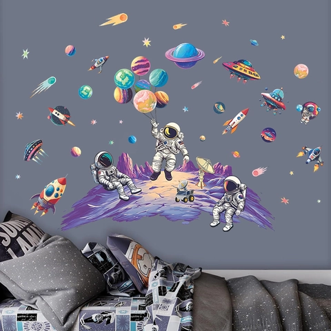 Cartoon Astronaut Space Planet Wall Stickers PVC Self Adhesive Rocket Star Wall Decals For Kids Room Classroom Bedroom Decor