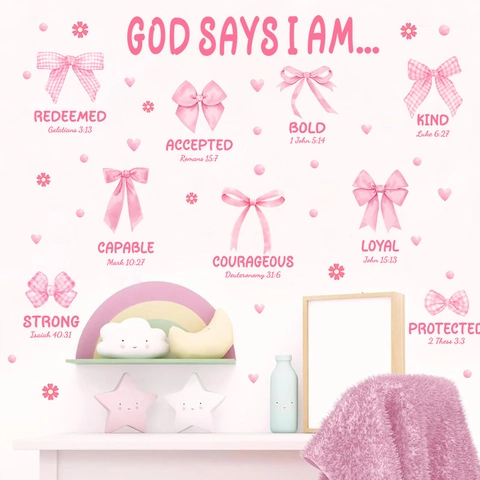 Adesivi Murali con Versetti Biblici e Fiocco di Nastro Rosa Acquerello PVC Dio Dice Che Sono Citazioni Religiose Arredamento Cameretta Bambina