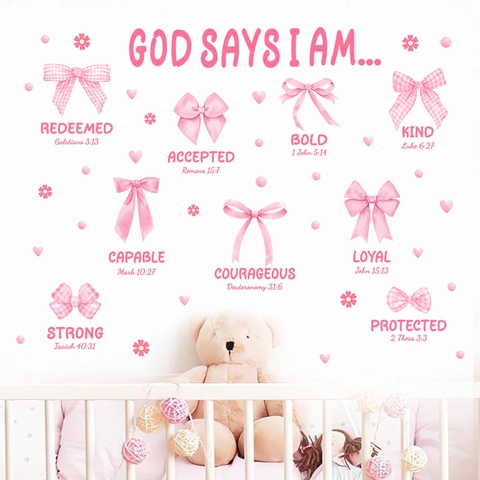 Adesivi Murali con Versetti Biblici e Fiocco di Nastro Rosa Acquerello PVC Dio Dice Che Sono Citazioni Religiose Arredamento Cameretta Bambina