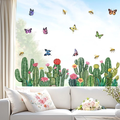 Adesivi Murali per Finestre Piante Verdi Estive Cactus Acquerello Fiori Farfalle Api PVC Autoadesivi Decorazioni per la Casa