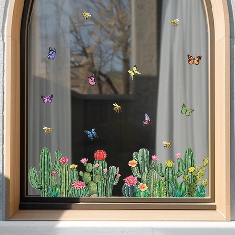 Adesivi Murali per Finestre Piante Verdi Estive Cactus Acquerello Fiori Farfalle Api PVC Autoadesivi Decorazioni per la Casa