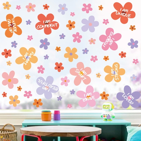 Bunte Gänseblümchen Blumen Fensteraufkleber Statisch Haftend Inspirierende Zitate Spiegeldekoration Abnehmbare Floral PVC Spiegelaufkleber Für Zuhause