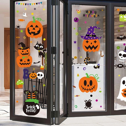 Halloween Cartoon Kürbis Geist Spinne Fledermaus Fensterbilder PVC Statisch Haftende Wandtattoo Für Kinderzimmer Party Deko