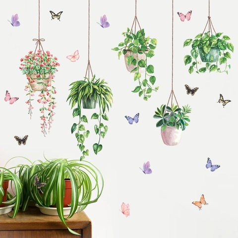 Stickers Muraux de Plantes en Pot Suspendues à l'Aquarelle Feuilles Vertes Fleurs Papillon PVC Auto-Adhésif Amovible Décoration Murale