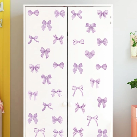 Purple Pink Bow Tie Decorative Wall Stickers PVC Waterproof Cabinet Window Decals For Girl Bedroom Home Decor