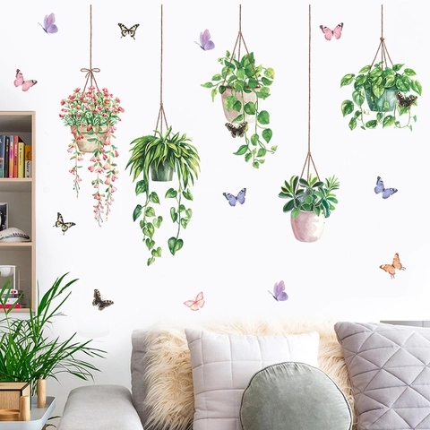 Stickers Muraux de Plantes en Pot Suspendues à l'Aquarelle Feuilles Vertes Fleurs Papillon PVC Auto-Adhésif Amovible Décoration Murale