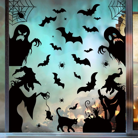 Stickers de Fenêtre Halloween Silhouette Sorcière Chauve-souris Fantôme Décalcomanie PVC Décoration Maison Fête