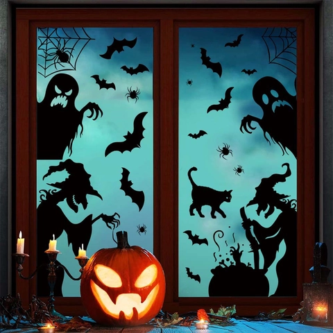 Stickers de Fenêtre Halloween Silhouette Sorcière Chauve-souris Fantôme Décalcomanie PVC Décoration Maison Fête