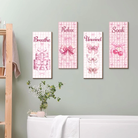Bohemian Pink Bow Wooden Wall Art Decor Set Relaxing Quotes Breathe Relax Unwind Soak MDF Hanging Plaques For Bedroom Bathroom Home Decor