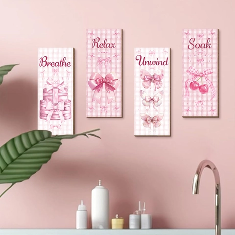 Bohemian Pink Bow Wooden Wall Art Decor Set Relaxing Quotes Breathe Relax Unwind Soak MDF Hanging Plaques For Bedroom Bathroom Home Decor