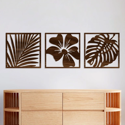 Arte De Pared De Madera Hueca Minimalista Moderno Patrones De Plantas Tropicales Monstera Palma Hibisco Para Decoración De Sala