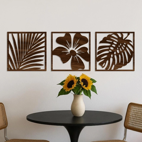 Arte De Pared De Madera Hueca Minimalista Moderno Patrones De Plantas Tropicales Monstera Palma Hibisco Para Decoración De Sala