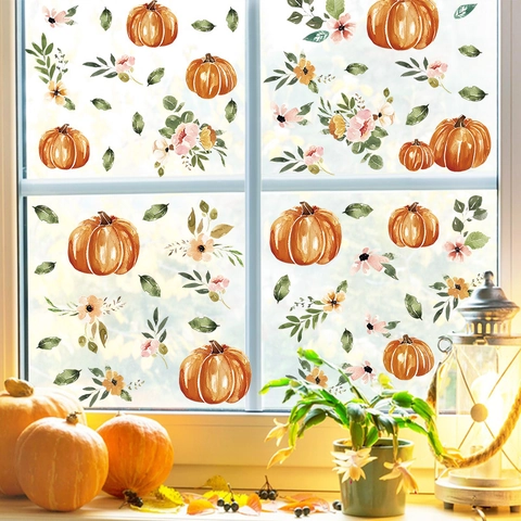 Autumn Pumpkin Maple Leaf Window Stickers PVC Watercolor Plants Wall Decals For Thanksgiving Harvest Living Room Home Decor