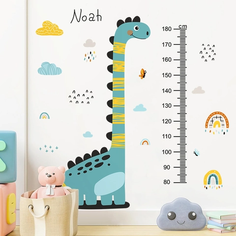Autocollants Muraux Tableau Croissance Dinosaure Pour Chambre Enfant PVC Auto-Adhésif Animal Arc-En-Ciel Nuages Stickers