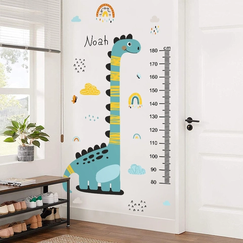 Autocollants Muraux Tableau Croissance Dinosaure Pour Chambre Enfant PVC Auto-Adhésif Animal Arc-En-Ciel Nuages Stickers