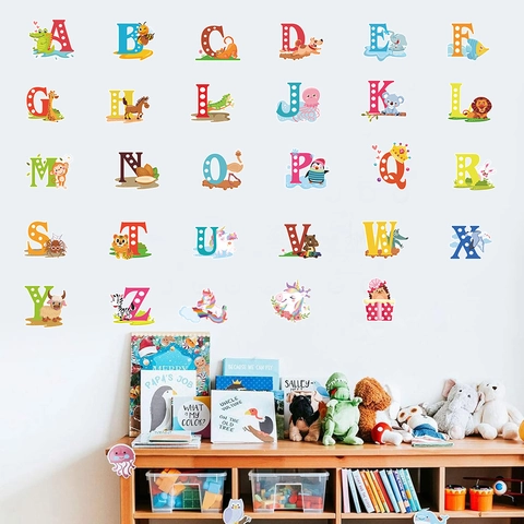 Cartoon Animal Alphabet Wall Stickers For Kids Room PVC Removable Educational ABC Animal Decals For Classroom Bedroom Decor
