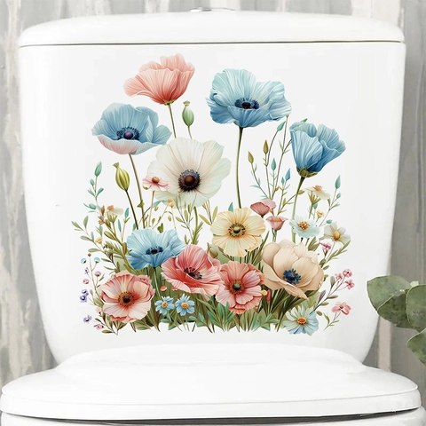 Sticker Couvercle de Toilettes Floral Moderne Minimaliste Imperméable en PVC Décoration de Salle de Bain