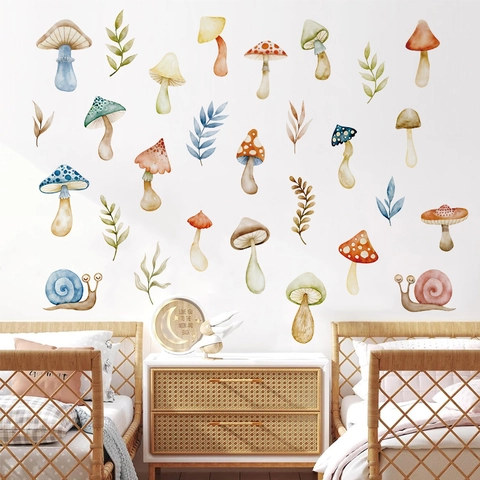 Aquarell Pilz Wandtattoo Für Kinderzimmer Schlafzimmer Dekor PVC Selbstklebend Schnecke Blatt Muster DIY Wandkunst Aufkleber