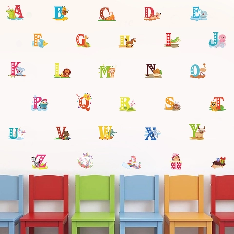 Cartoon Animal Alphabet Wall Stickers For Kids Room PVC Removable Educational ABC Animal Decals For Classroom Bedroom Decor